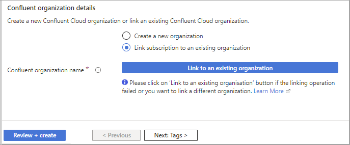 Confluent Cloud organization details in the Azure Marketplace with the option to link to an existing organization.