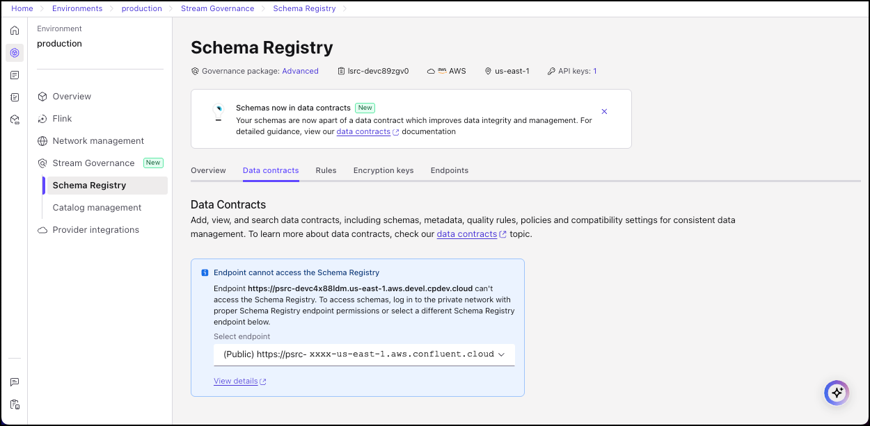 Error state for Schema Registry Private Network Endpoint on Cloud Console