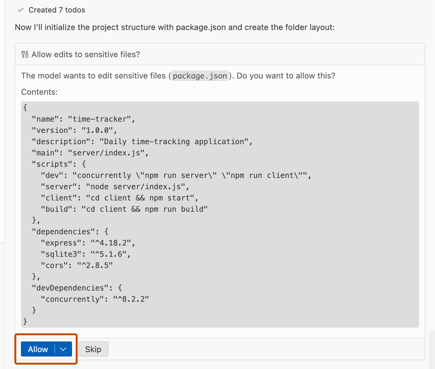 Captura de tela de Copilot no VS Code solicitando permissão para editar um arquivo confidencial. O botão "Permitir" está realçado.
