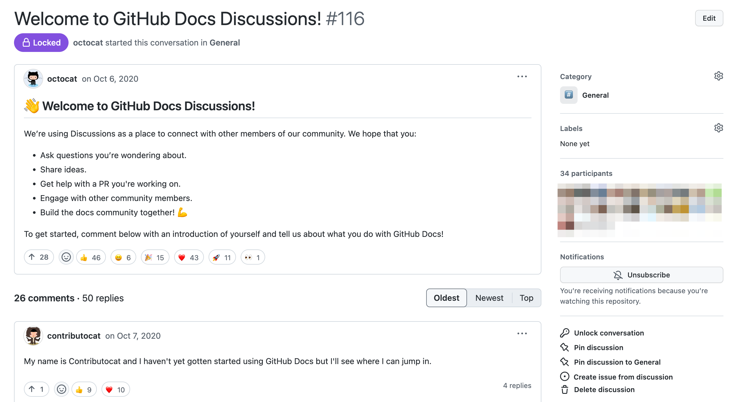 Captura de pantalla de un ejemplo de discusión, con el título "Bienvenido a GitHub Docs Discussions".