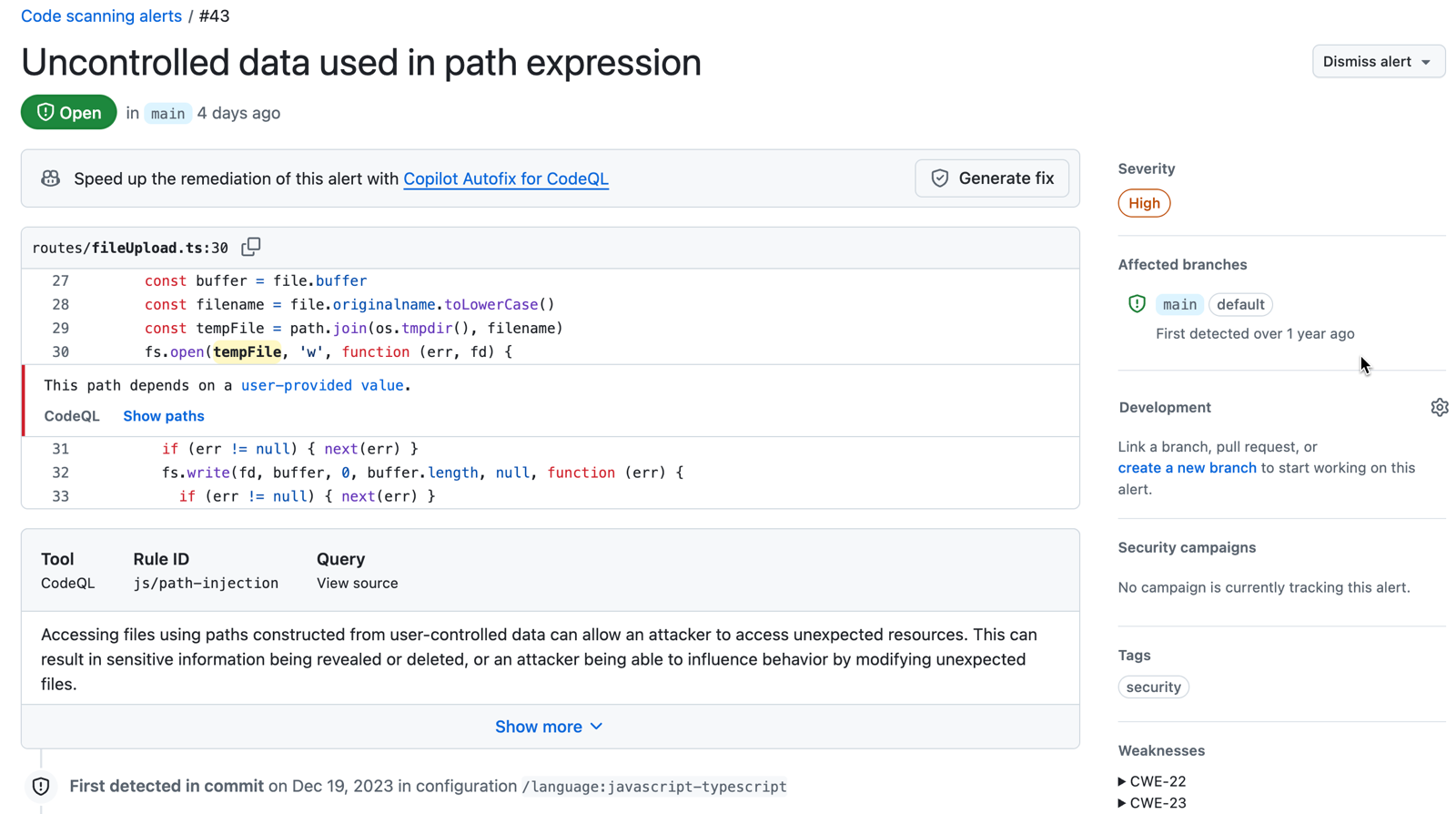 アラート タイトル、左側に関連するコード行、右側にメタデータが表示されている code scanning アラートのスクリーンショット。