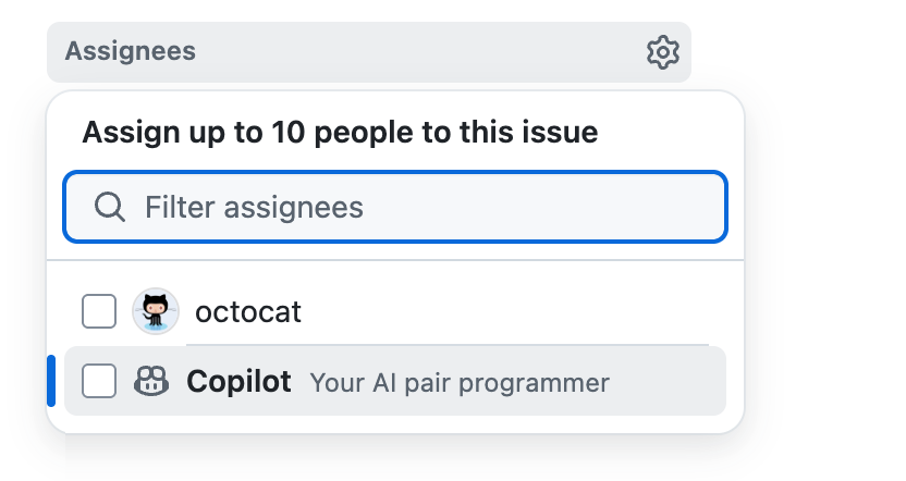 Issue の [担当者] ウィンドウのスクリーンショット。 Copilotはリストで利用可能です。