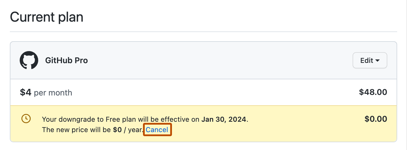 Screenshot des Abschnitts „Aktueller Plan“. Der nach dem Text „Der neue Preis beträgt 0 $/Jahr“ angezeigte Link „Abbrechen“ ist orange umrandet.