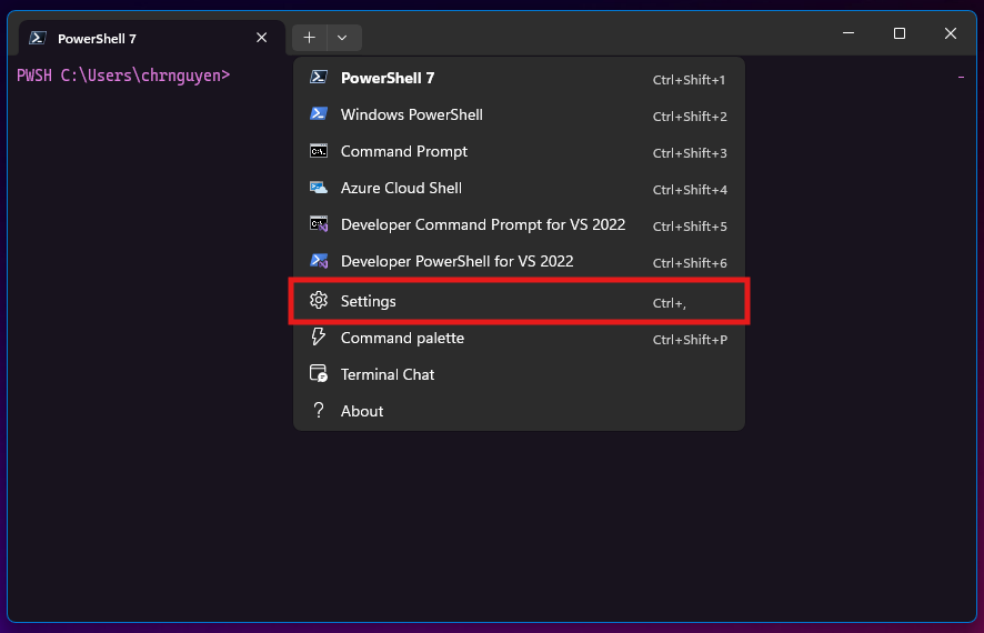 Captura de tela do menu suspenso no Windows Terminal com o item Configurações realçado.