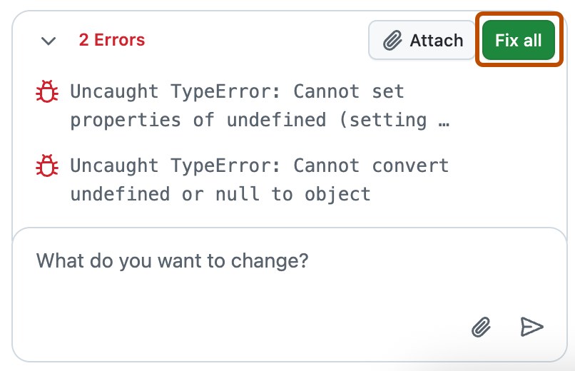 GitHub Spark 识别出的错误的屏幕截图。 “Fix all”按钮以橙色边框显示。