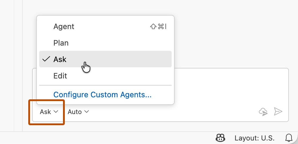 Captura de tela de "Ask" sendo selecionado no seletor de modo na parte inferior da exibição do chat.
