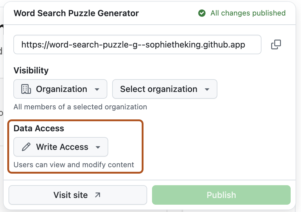 Screenshot des Veröffentlichungsmenüs von GitHub Spark. Die Sichtbarkeitsoption "Datenzugriff" ist orange dargestellt.
