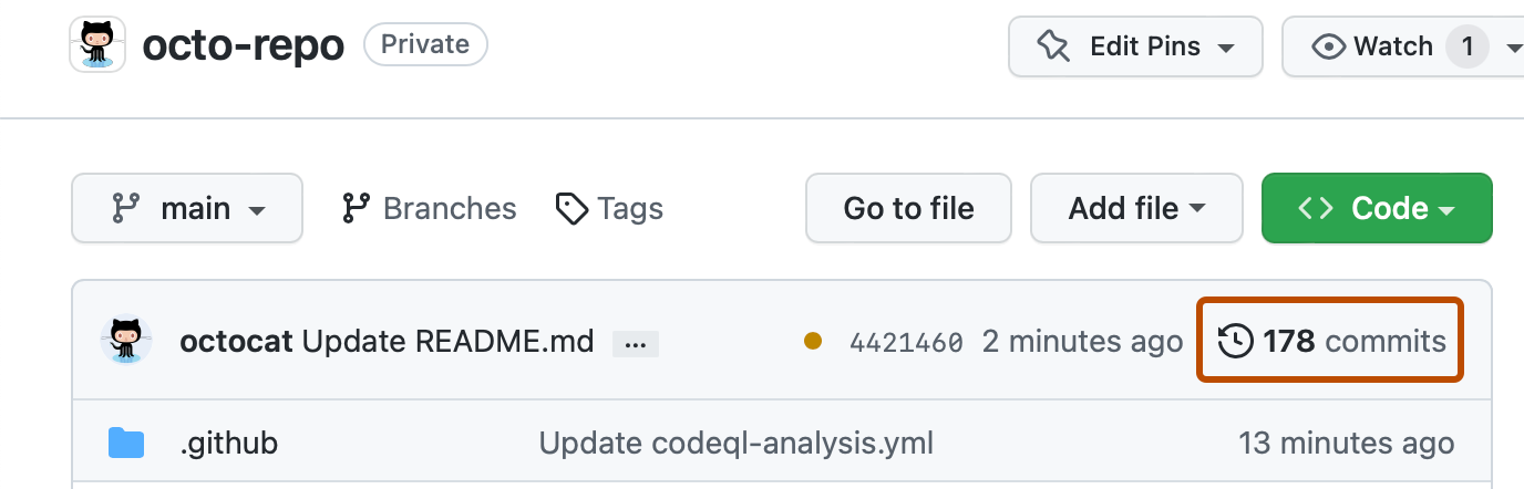 Capture d’écran de la page principale d’un dépôt. Une icône d’horloge et le texte « 178 commits » sont mis en évidence avec un encadré orange.