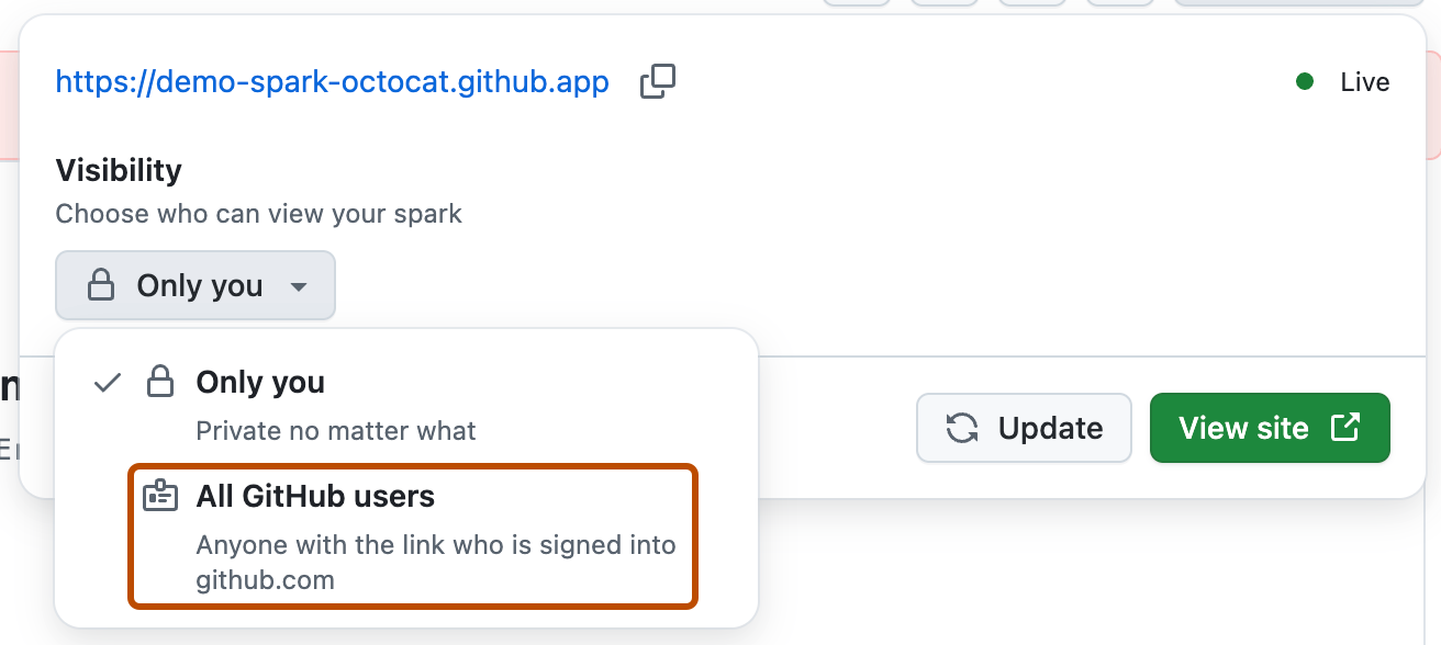 Screenshot des Veröffentlichungsmenüs von GitHub Spark. Die Sichtbarkeitsoption "Alle GitHub Benutzer" ist orange dargestellt.