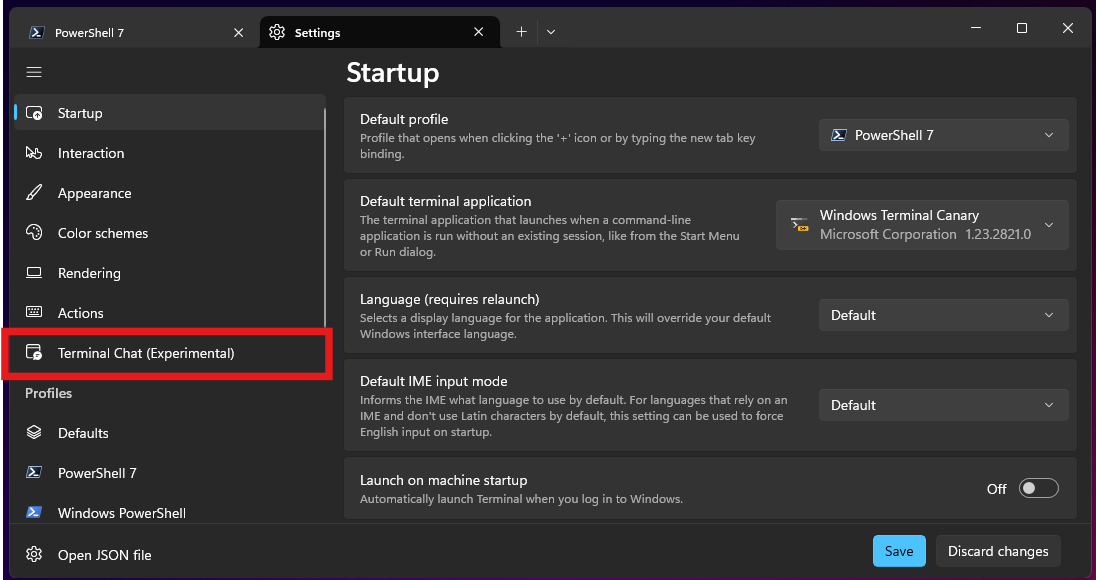 Captura de tela do menu Configurações no Windows Terminal com o item Chat do Terminal (Experimental) realçado.