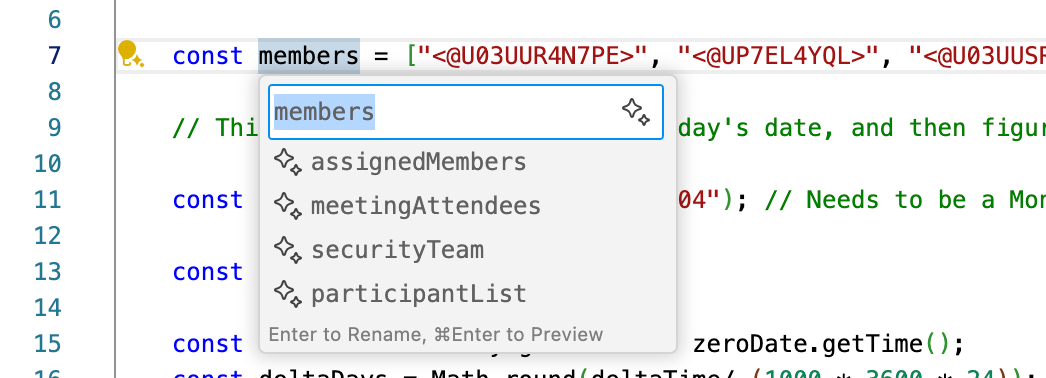 Captura de tela de uma lista suspensa no VS Code fornecendo alternativas para um nome de símbolo.