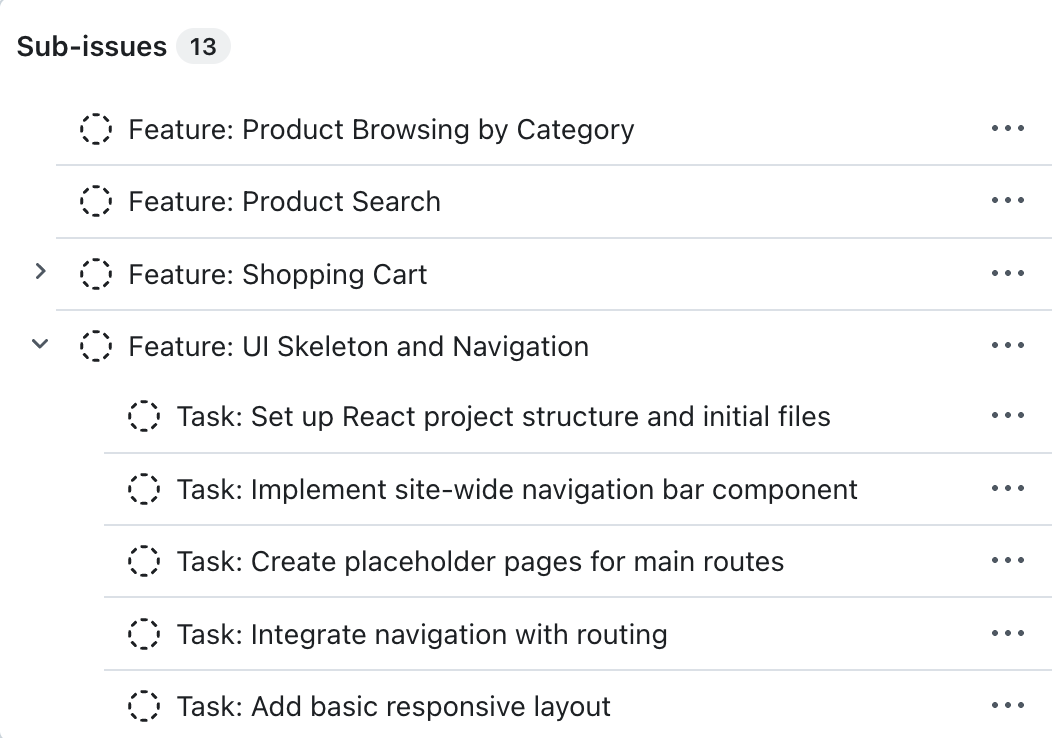 Screenshot der Copilot Chat Workbench. In der Workbench wird eine Issuestruktur mit einem Epic oben und mehreren untergeordneten Issues darunter angezeigt.