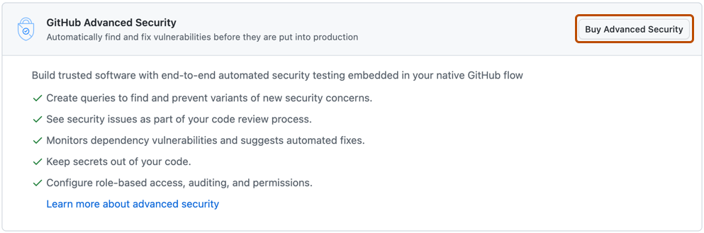 Captura de tela da seção Advanced Security %} da tela de licenciamento. O botão "Buy Advanced Security" está contornado em laranja.