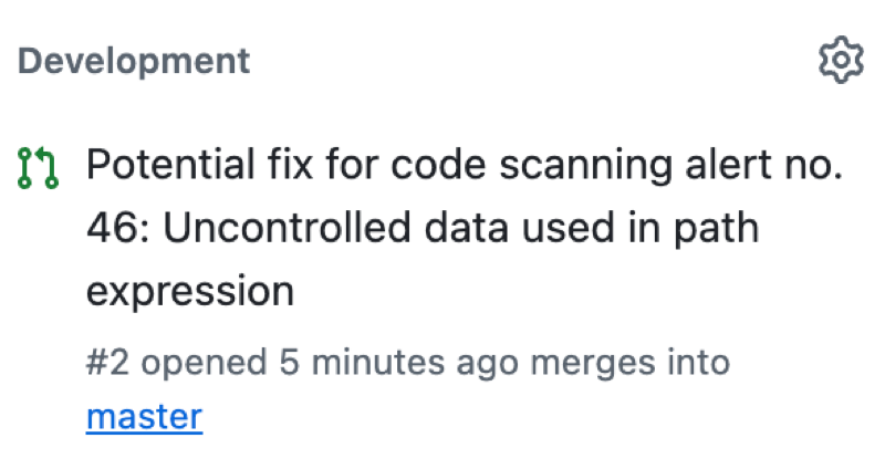 Capture d’écran de la section « Développement » d’une alerte code scanning, montrant le titre d’une demande de tirage susceptible de corriger l’alerte.