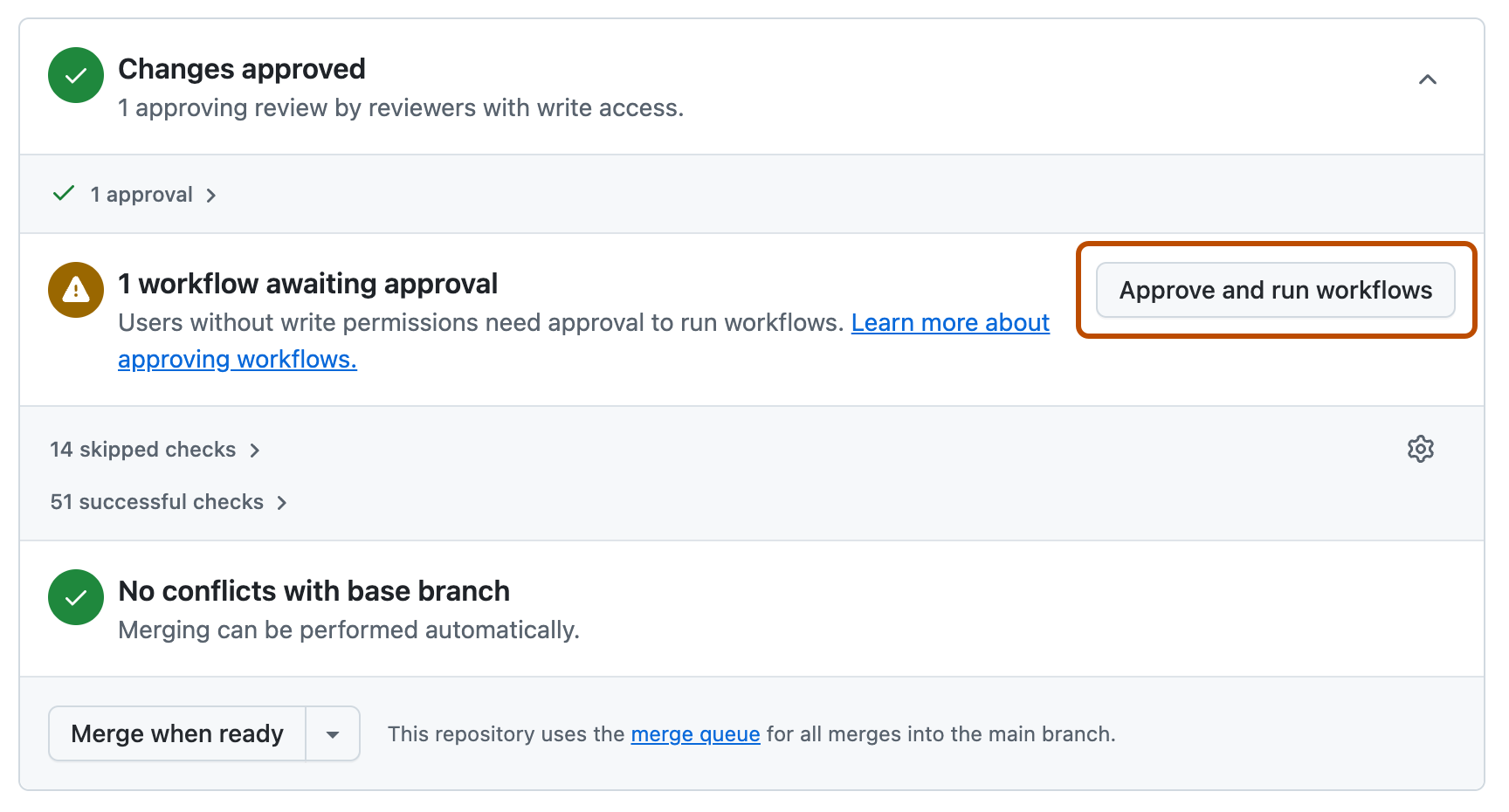 Screenshot des Zusammenführungsfelds bei einem Pull Request von Copilot mit der Schaltfläche „Workflows genehmigen und ausführen“.