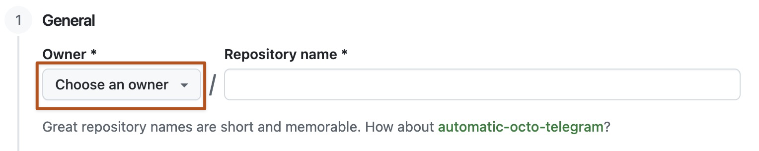 Screenshot des Besitzermenüs für ein neues GitHub-Repository. Das Menü zeigt zwei Optionen, octocat und github.