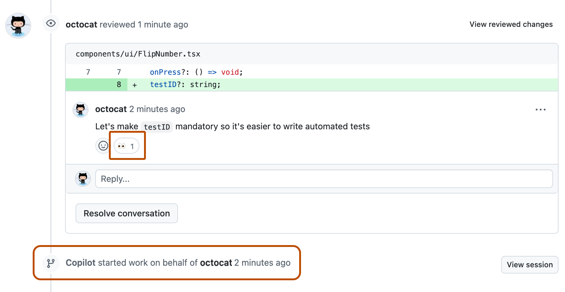 Screenshot einer Zeitachse für einen Pull-Request mit einem Prüfungskommentar und einer Augen-Emoji-Reaktion sowie einem Zeitachsenereignis "Copilot hat die Arbeit begonnen".