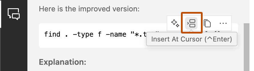 Captura de tela do ícone "Inserir no cursor" no painel Bate-papo do Copilot.