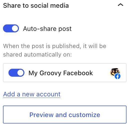 The section in Jetpack's settings for a post to auto share a post and add accounts.