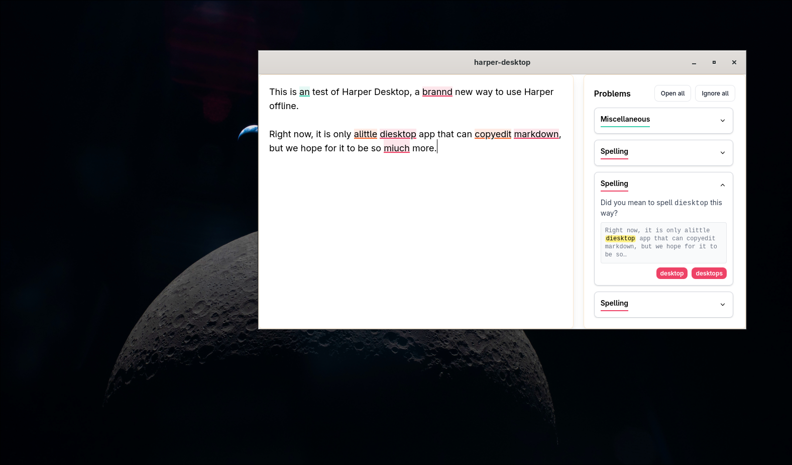 A screenshot of the first version of Harper Desktop