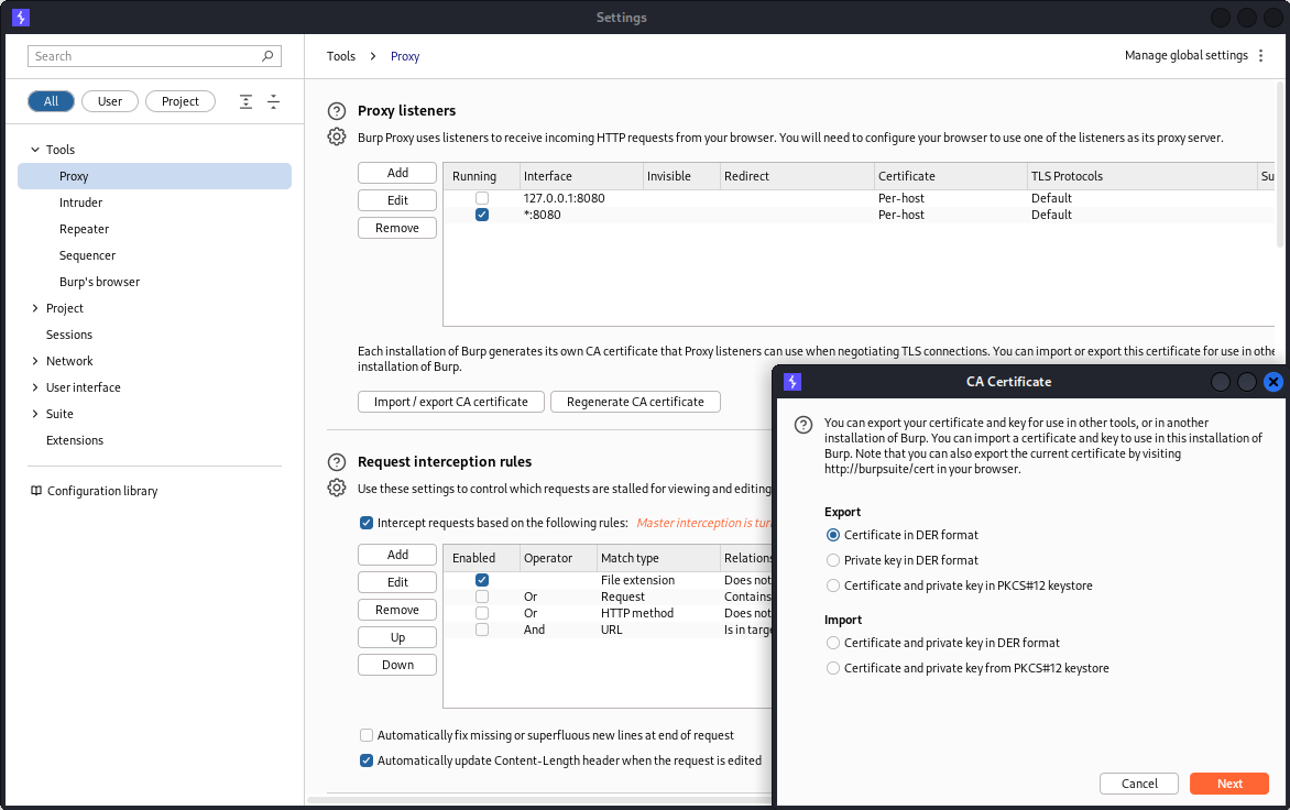 Exporting Burp Suite Proxy Certificate