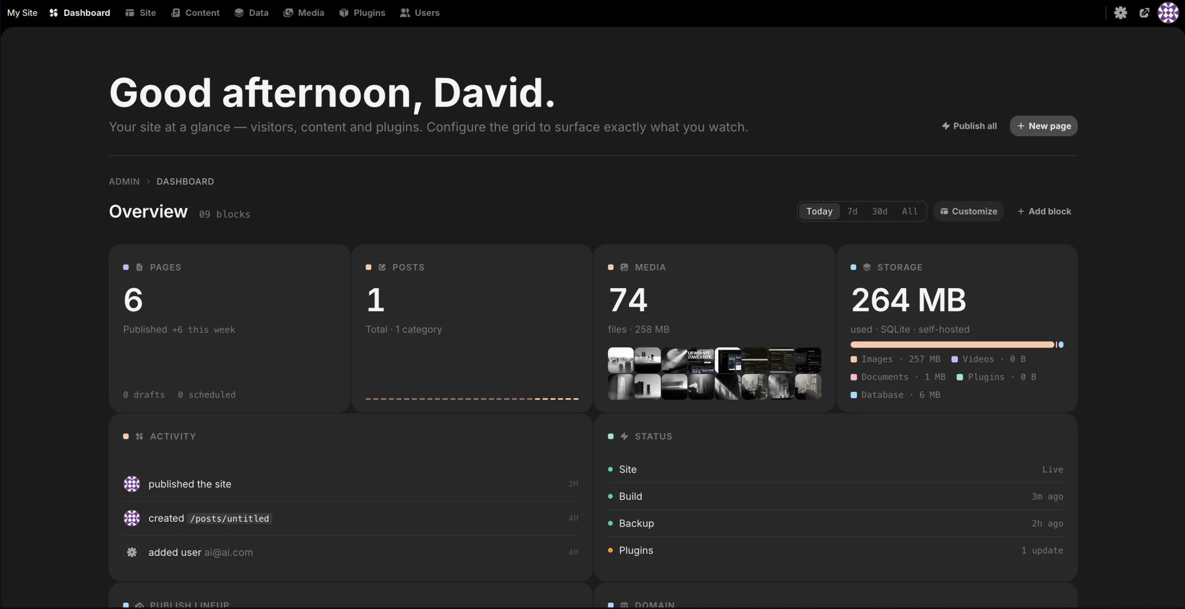 The Instatic dashboard β site stats, activity feed, and status widgets on a customizable grid