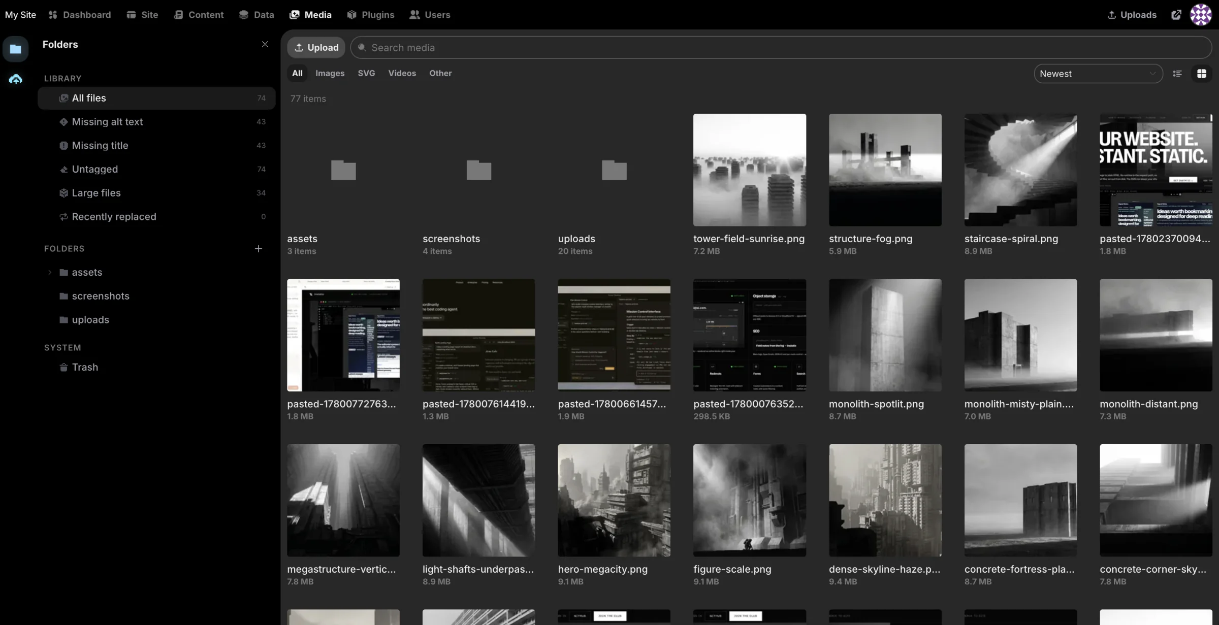 The Media workspace β an OS-style file manager for every asset on the site