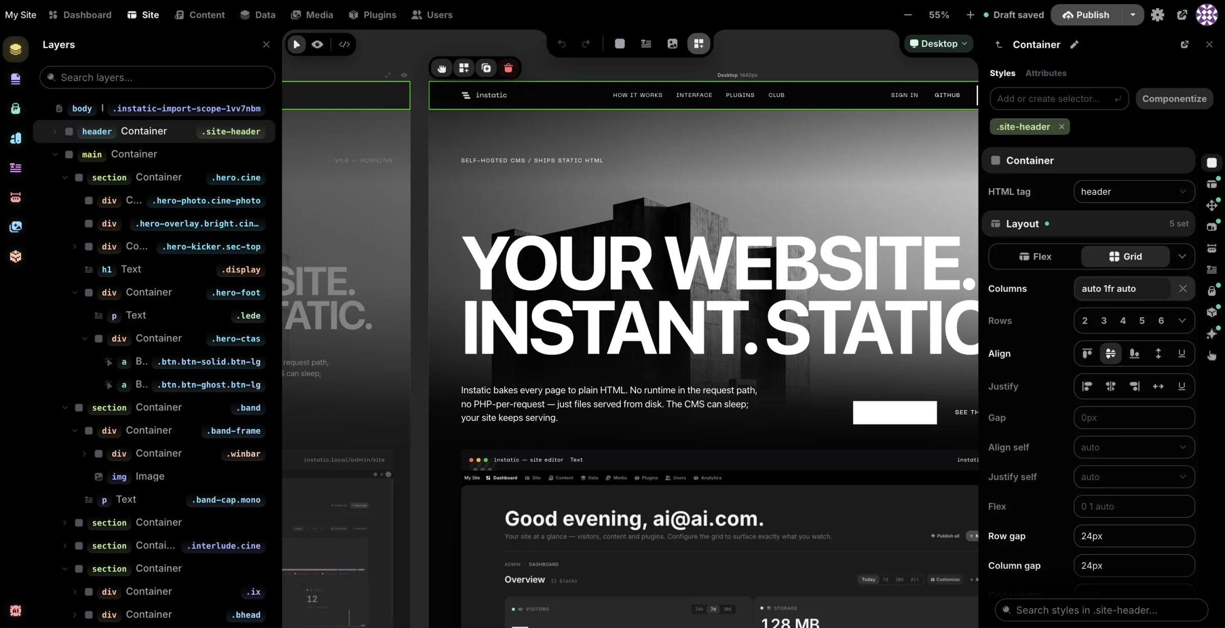 The Instatic visual editor — canvas-first, multiple breakpoints side by side