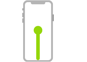 „iPhone“ paveikslėlis. Brūkšnys su tašku pabaigoje nurodo braukimą aukštyn nuo ekrano apačios ir sustabdymą.