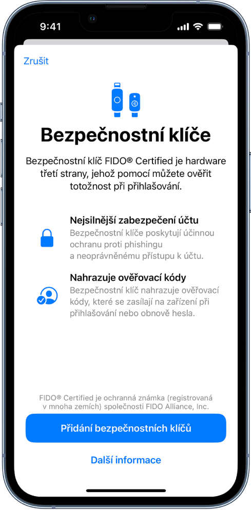Uvítací obrazovka funkce Bezpečnostní klíče. U dolního okraje je vidět tlačítko Přidat bezpečnostní klíče a odkaz Další informace. Nad těmito položkami je zobrazený text s informacemi o prospěšnosti používání bezpečnostních klíčů.