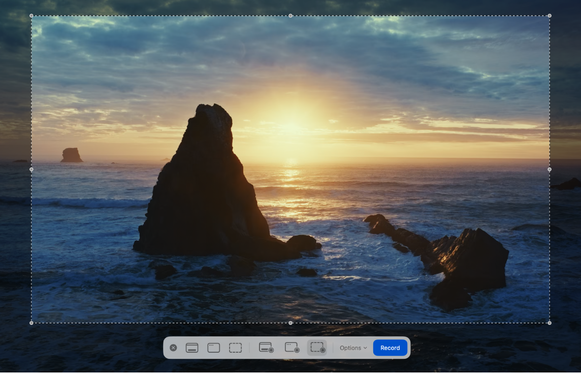On the Mac desktop, the screen recording options are showing at the bottom of the screen and a portion of the screen has been selected for recording.