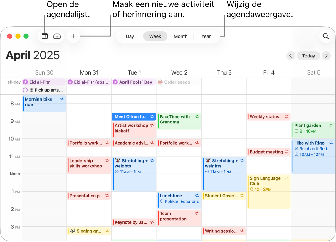 Een Agenda-venster met alle geplande activiteiten en herinneringen van de week. Pijlen wijzen naar de knoppen om de agendalijst weer te geven, een activiteit of herinnering aan te maken en de weergave te wijzigen in dag, week, maand of jaar.