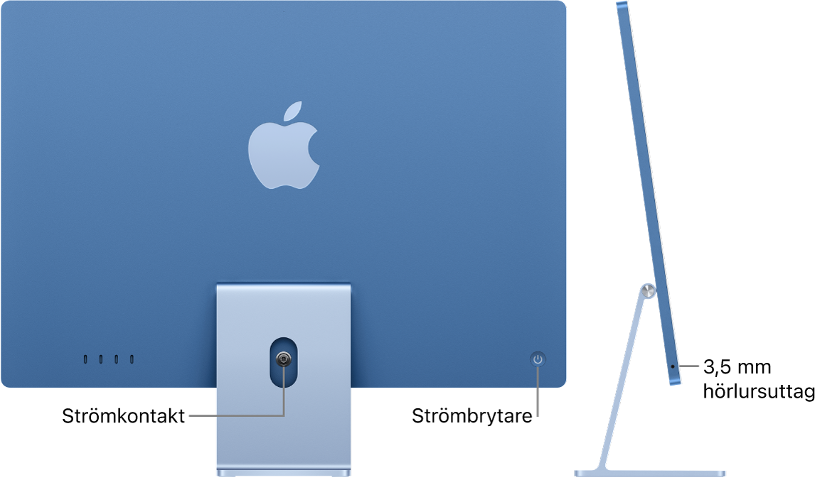 iMacs baksida med strömkontakten och strömbrytaren. Bredvid den finns en sidovy som visar hörlursuttaget.