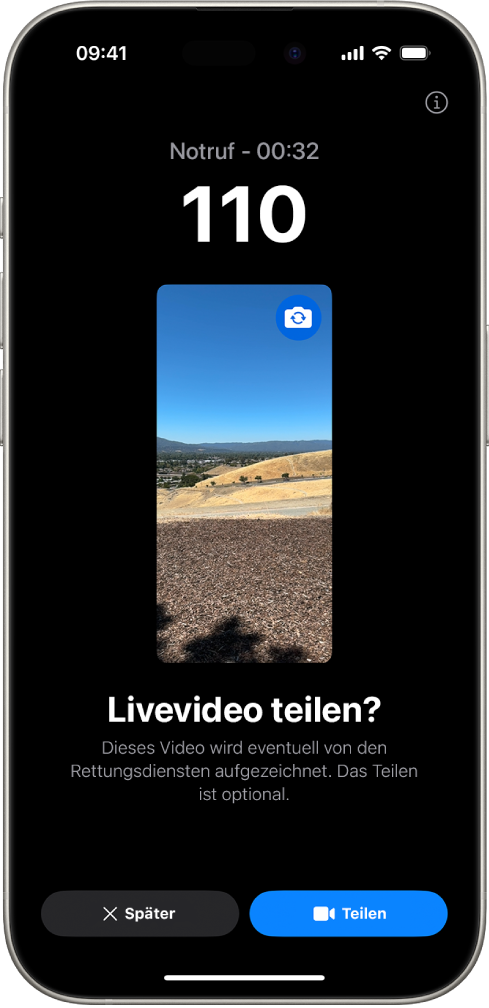 Der Bildschirm „Live-Video bei Notruf SOS“ zeigt einen aktiven Notruf mit einer Videovorschau in der Mitte. Unten befinden sich Tasten für „Später“ und „Video teilen“.