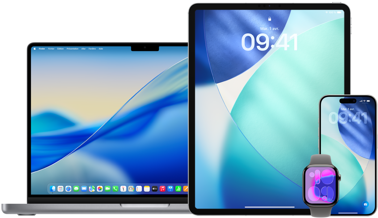 Un MacBook Pro, un iPad, une Apple Watch et un iPhone.