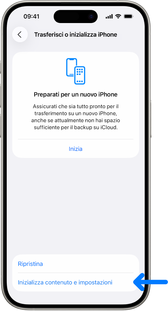 Una schermata di iPhone che mostra “Inizializza contenuto e impostazioni” come opzione selezionata.