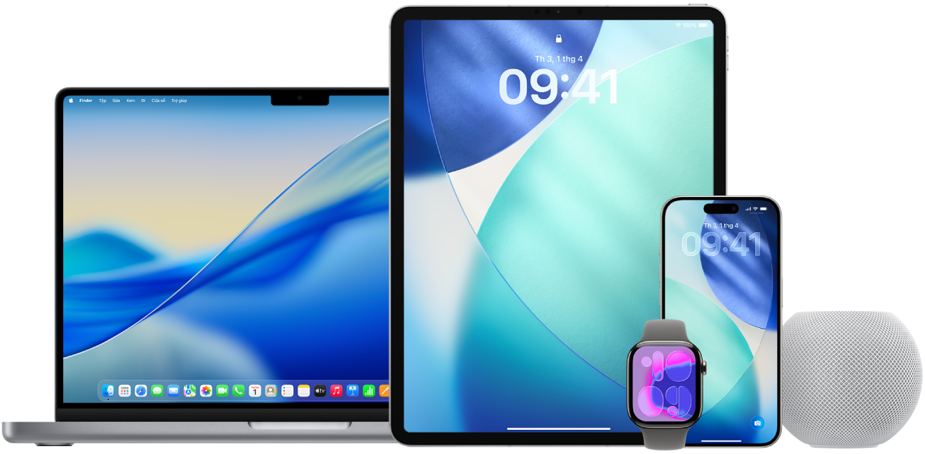 Một MacBook Pro, iPad, Apple Watch, iPhone và HomePod.