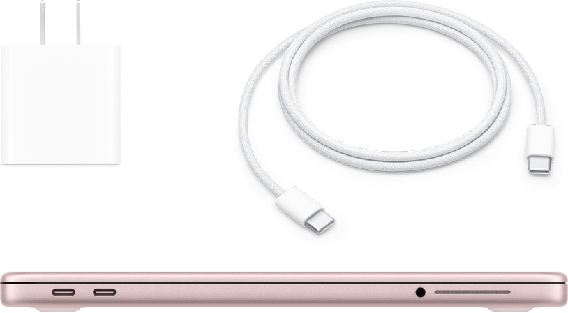 Een gesloten MacBook Neo met lichtnetadapter en oplaadkabel.