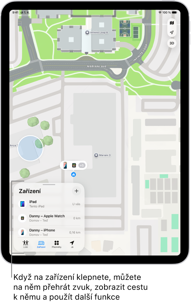 Obrazovka Najít s otevřeným seznamem Zařízení. Na seznamu zařízení je vidět Dannyho iPad, Dannyho iPhone, Dannyho Apple Watch a Dannyho AirPody Pro. Na mapě Santa Cruz je vidět jejich poloha.