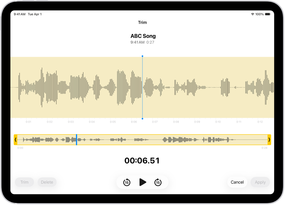 A recording is being edited, with the yellow trim handles enclosing a portion of the audio waveform at the bottom of the screen. To the left of the Playback controls are the Trim button (for deleting the part of the recording outside the handles) and the Delete button (for deleting the part of the recording outside the handles).