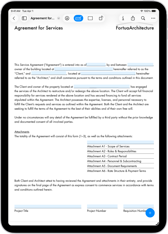 A screen showing a PDF form with fillable fields highlighted. At the bottom of the screen are the Add Annotation, Markup, AutoFill, Crop, Info, Share, and Search buttons. The AutoFill button is selected.