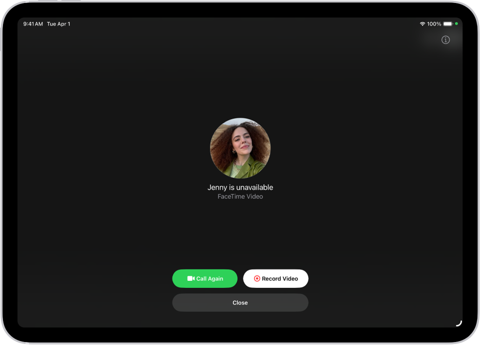 The Record Video screen, showing that the person you’re calling is unavailable. The screen includes a Call Again button and a Record Video button you can tap to record a video message.