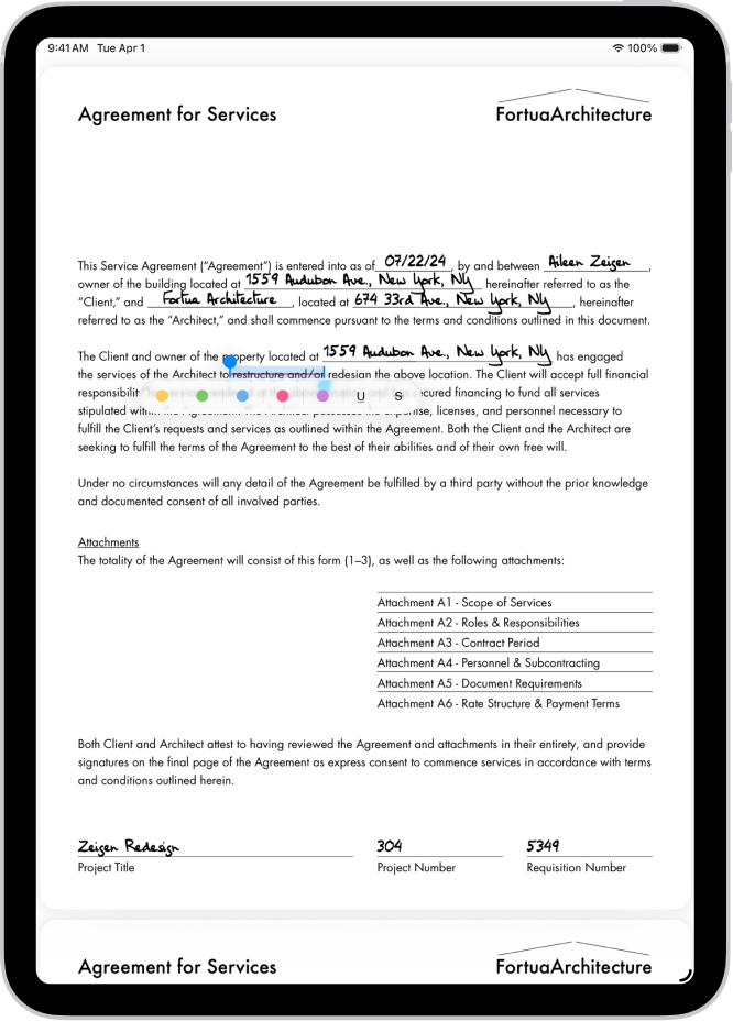A service agreement PDF in the Preview app with text highlighted and struck through. Highlight, Underline, and Strike Through buttons are shown below the text.