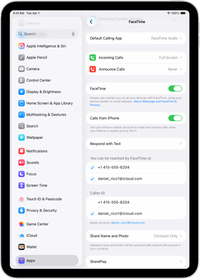 The FaceTime Settings screen, showing the Default Calling App option, the control to turn FaceTime on or off, and the Apple Account that is being used for FaceTime.