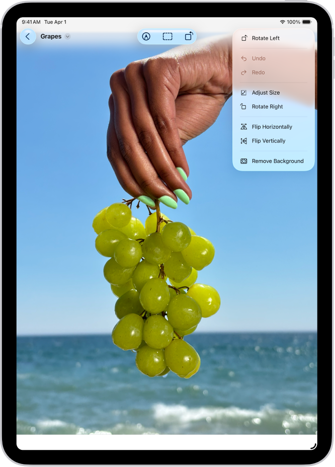 The Preview app showing a photo. A hand holding a bunch of grapes is in the foreground. The sky and ocean are in the background.