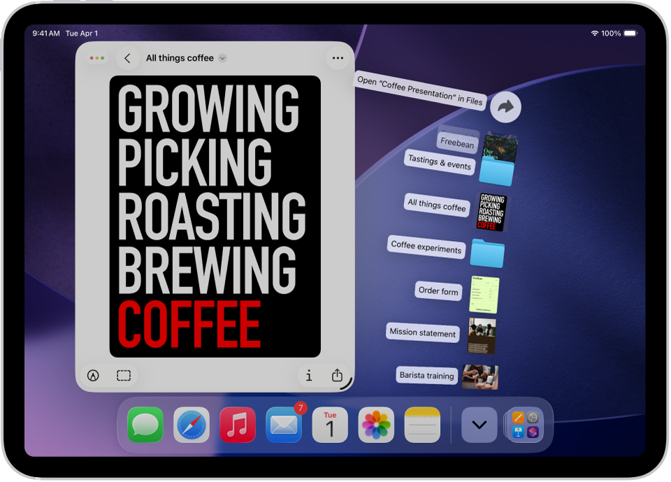Ierīces iPad Home Screen ar failiem, ko var atvērt no Dock.