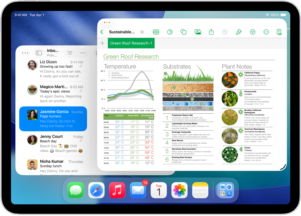 iPad ekrāns ar trīs atvērtām lietotnēm un atlasītu logu izkārtojumu, kas tos sakārto ekrāna trešdaļās.