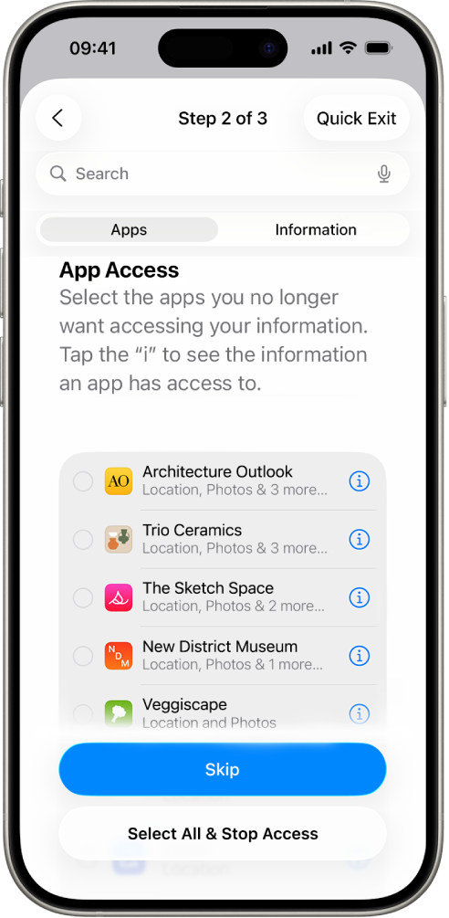 A Safety Check screen showing information shared with specific apps.