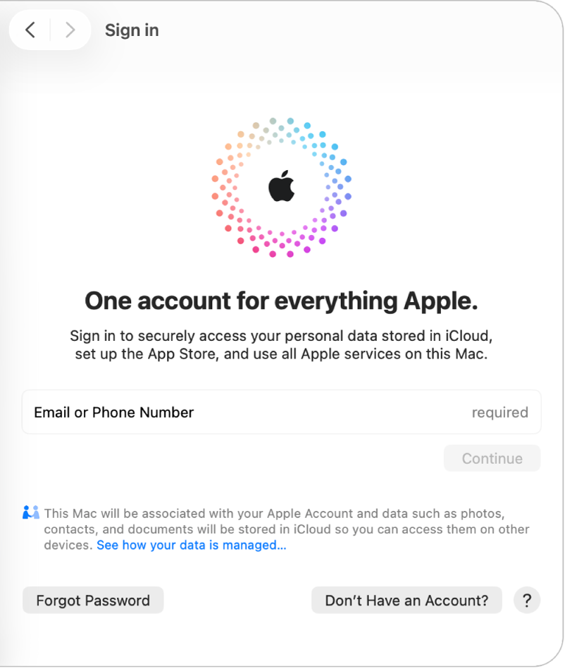 جزء تسجيل الدخول إلى حساب Apple مع حقل نص لإدخال عنوان بريد إلكتروني أو رقم هاتف.