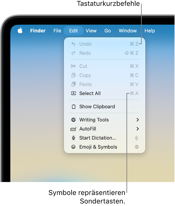 Das Menü „Bearbeiten“ ist im Finder geöffnet; neben den Menüobjekten erscheinen Tastaturkurzbefehle.
